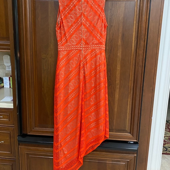 Ladies Size 2 Dark Orange Dress Long Maxi Tapered Length Lace Tan Under Bisou - Picture 6 of 13